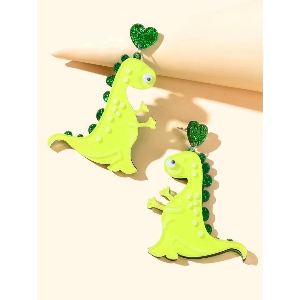 Bright Green Dinosaur Earrings with Googly Eyes - Picture 7 of 8